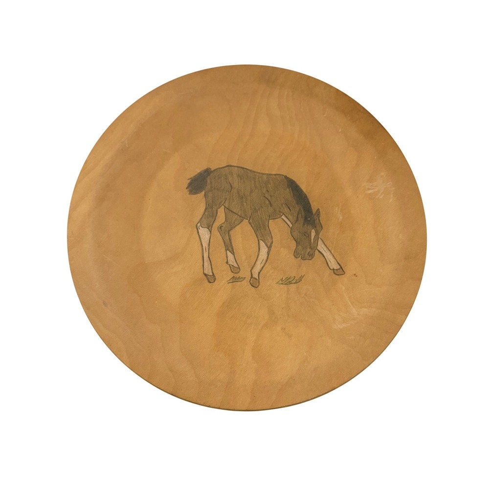 Mary C Handcrafted Wooden Plate Unisex 11.5" Brown Horse Foal Folk Art Decor